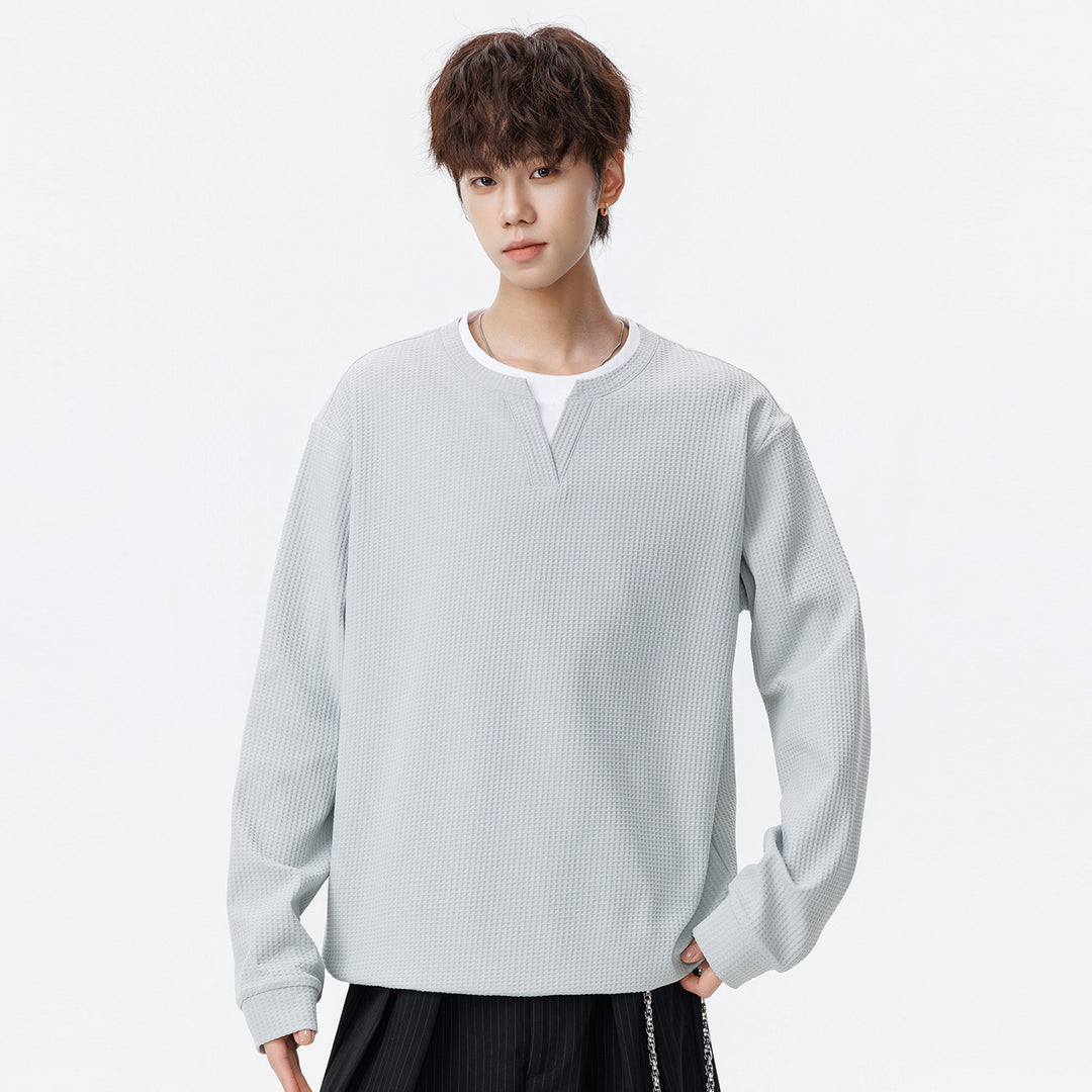 Herren Oversize Waffelstruktur-Langarmshirt mit V‑Einsatz und Layering-Optik Drune
