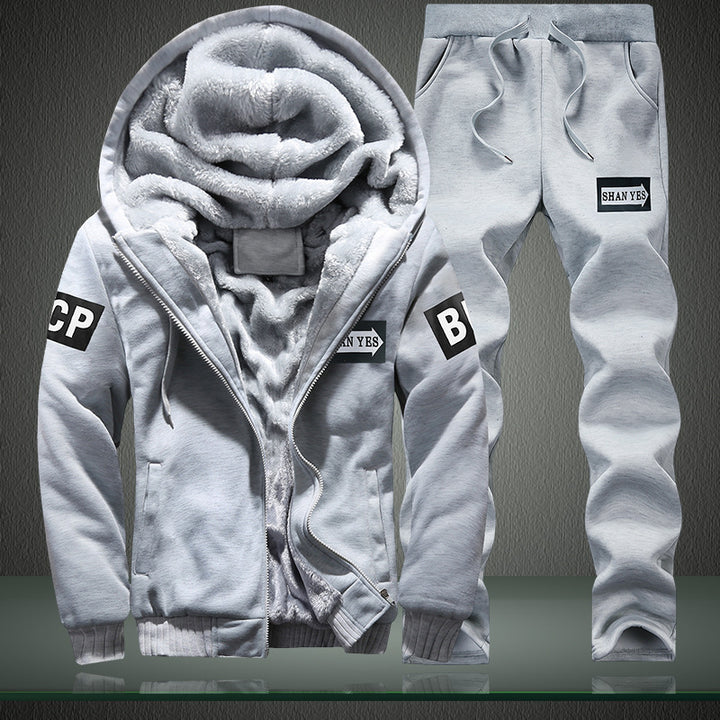 Herren warmes zweiteiliges Trainingsset mit Teddyfutter, Kapuzenjacke und Kordel-Jogginghose Drune
