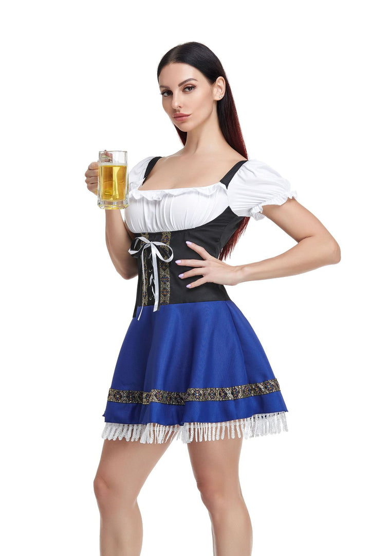 Damen  traditionelles Dirndlkleid mit Spitzenärmeln Miederkorsage und geraffter Schürze Drune