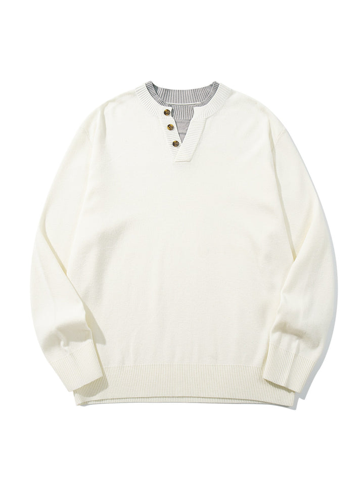 Unisex Gerippter Baumwollmix-Pullover mit Henley-Knopfleiste und Relaxed-Schnitt Drune