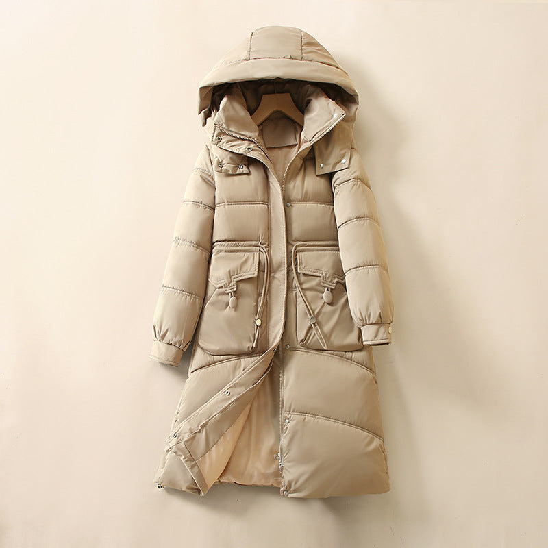 Damen Lange, warme Pufferjacke mit praktischen Taschen und Kapuze Drune