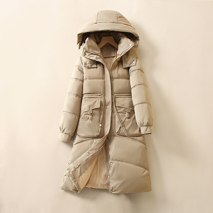 Damen Lange, warme Pufferjacke mit praktischen Taschen und Kapuze Drune