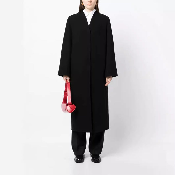 Damen Maxilanger minimalistischer Mantel mit verdeckter Front und kastiger Schulter Drune
