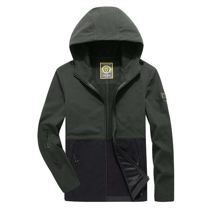 Herren leichte Softshell‑Outdoorjacke mit Kapuze, windabweisender Front und funktionalen Taschen Drune