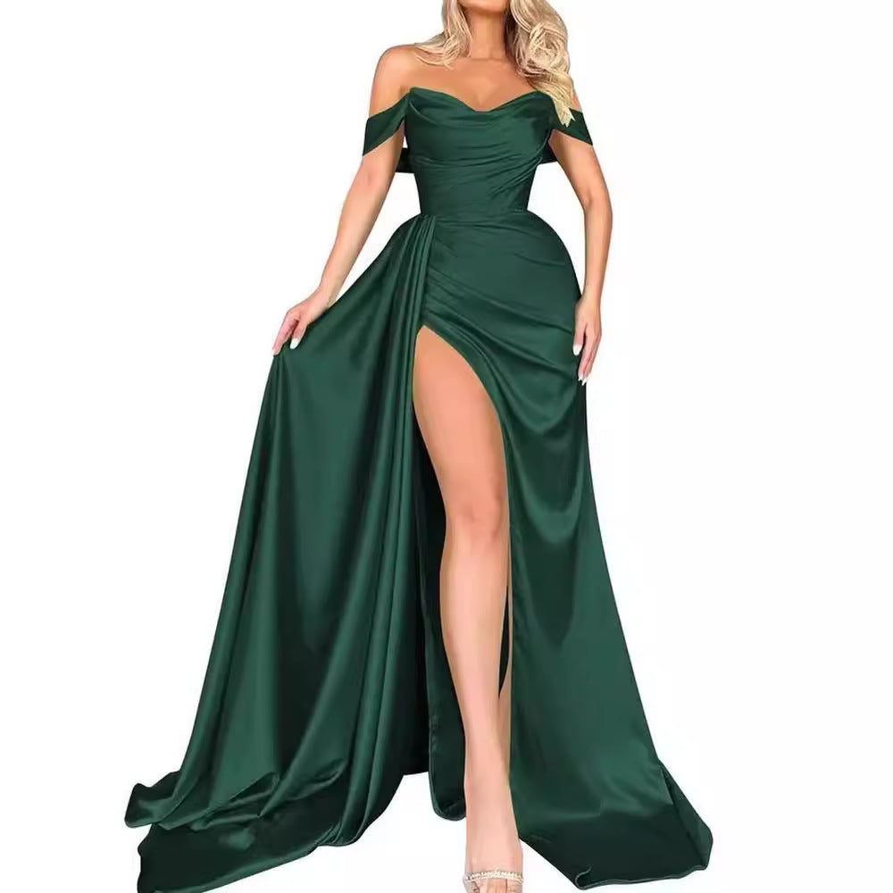 Damen Off-Shoulder Abendkleid mit hohem Beinschlitz und voluminösem Rock Drune