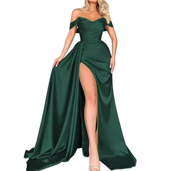 Damen Off-Shoulder Abendkleid mit hohem Beinschlitz und voluminösem Rock Drune