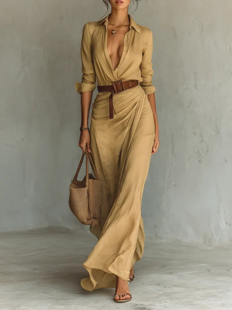 Damen Maxikleid mit klassischem Hemdkragen und seitlichem Schärpenband Drune