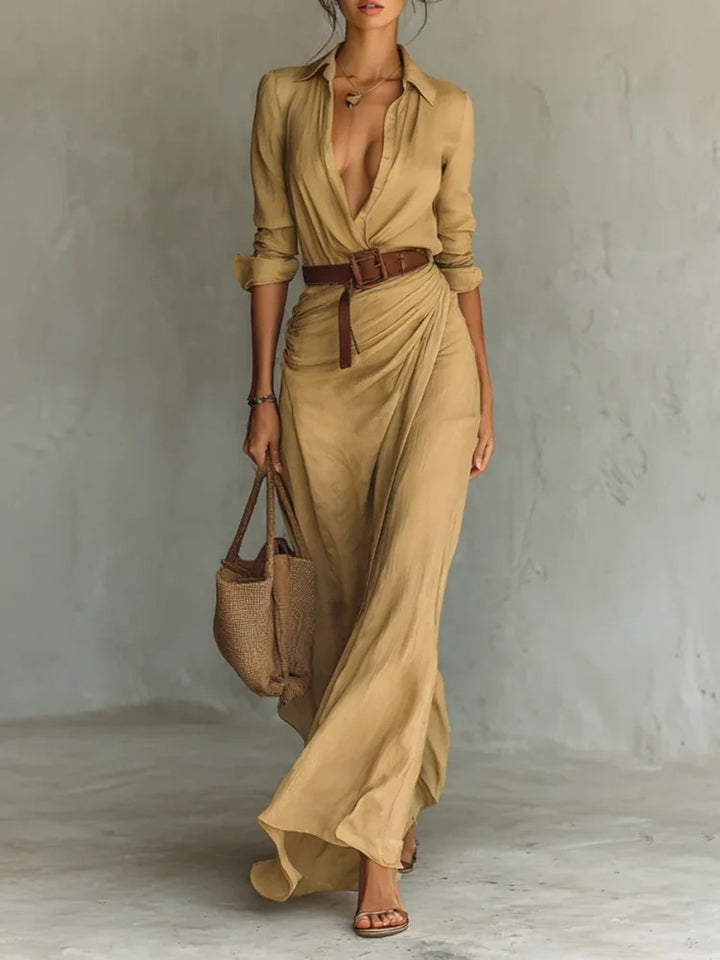 Damen Maxikleid mit klassischem Hemdkragen und seitlichem Schärpenband Drune