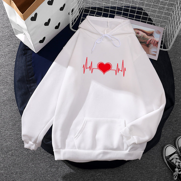 Unisex nan oversized Kapuzenpullover mit Herz-EKG-Print und Kängurutasche Drune