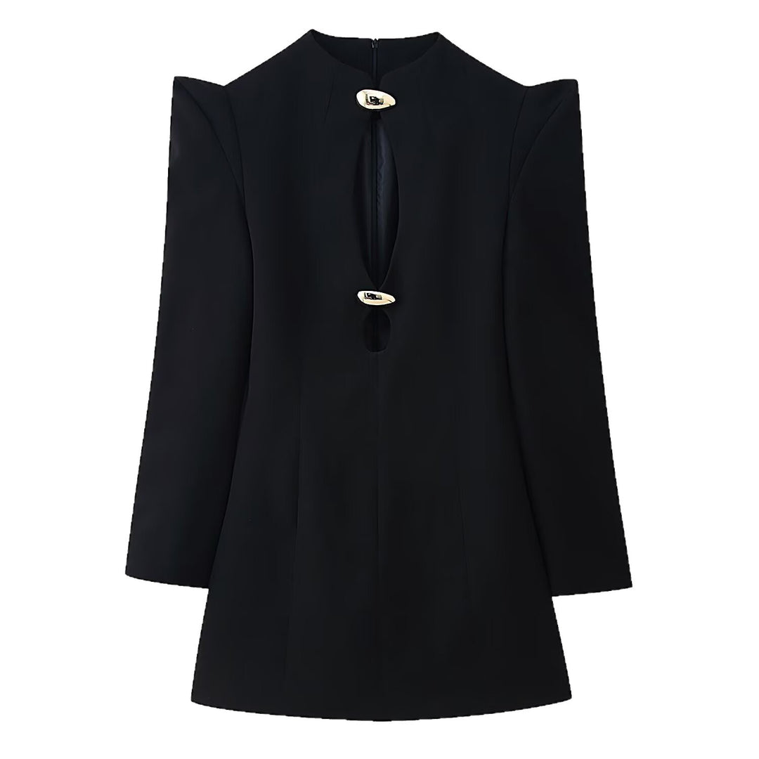 Damen Kurzblazer‑Kleid mit dramatischem Cut‑Out, betonter Schulter und goldenen Schmuckverschlüssen Drune