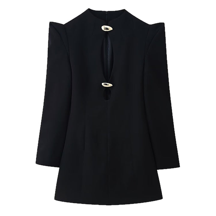 Damen Kurzblazer‑Kleid mit dramatischem Cut‑Out, betonter Schulter und goldenen Schmuckverschlüssen Drune