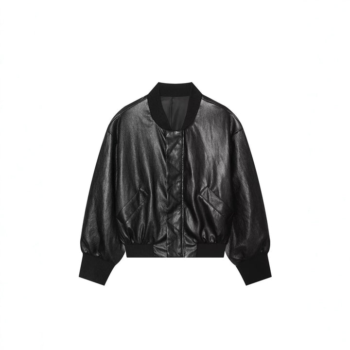 Damen Cropped Leder-Bomberjacke mit geripptem Saum und Pattentaschen Drune