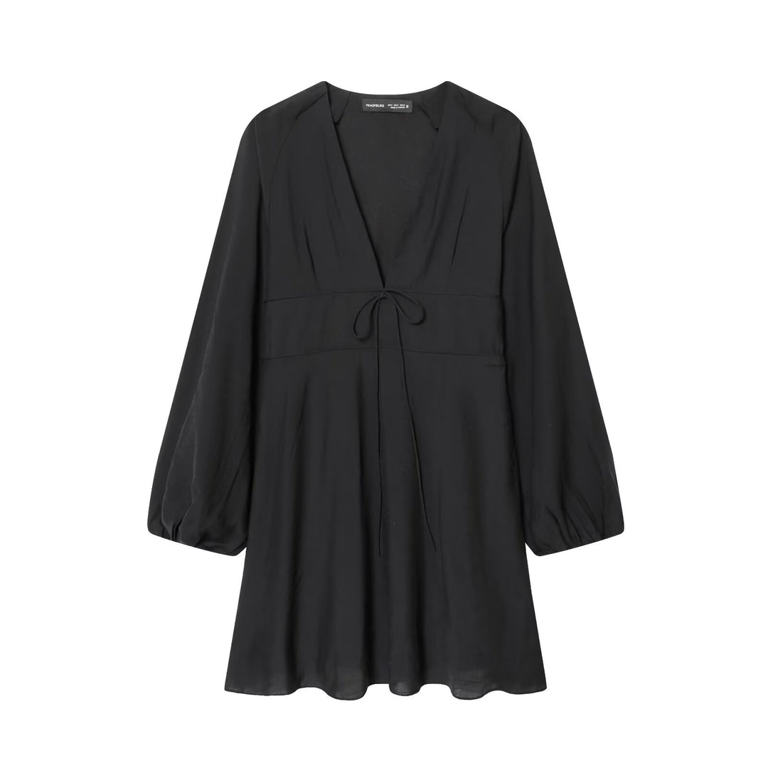 Damen Kurzkleid mit tiefem V‑Ausschnitt, Empire‑Taillenband und weiten Ballonärmeln Drune