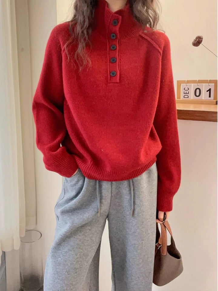 Damen Grobstrickpullover mit hochstehenden Kragen und dekorativen Knöpfen Drune