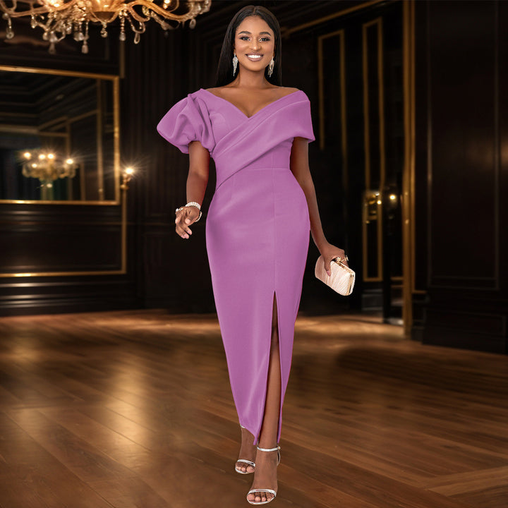 Damen Elegantes, figurbetontes Abendkleid mit asymmetrischem Ausschnitt und Puffärmeln Drune