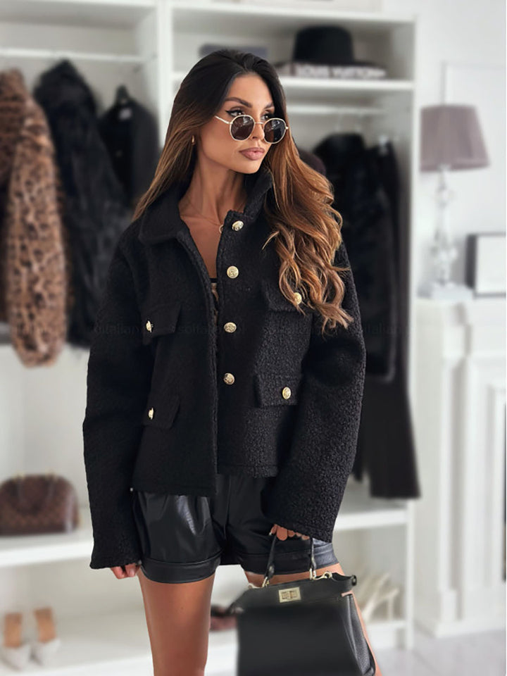 Damen Trendige Bouclé-Jacke mit goldenen Knöpfen und praktischen Taschen Drune