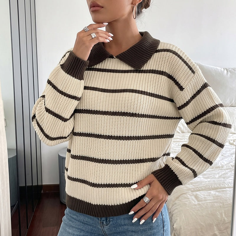 Damen Gestreifter Pullover mit Kragen Drune