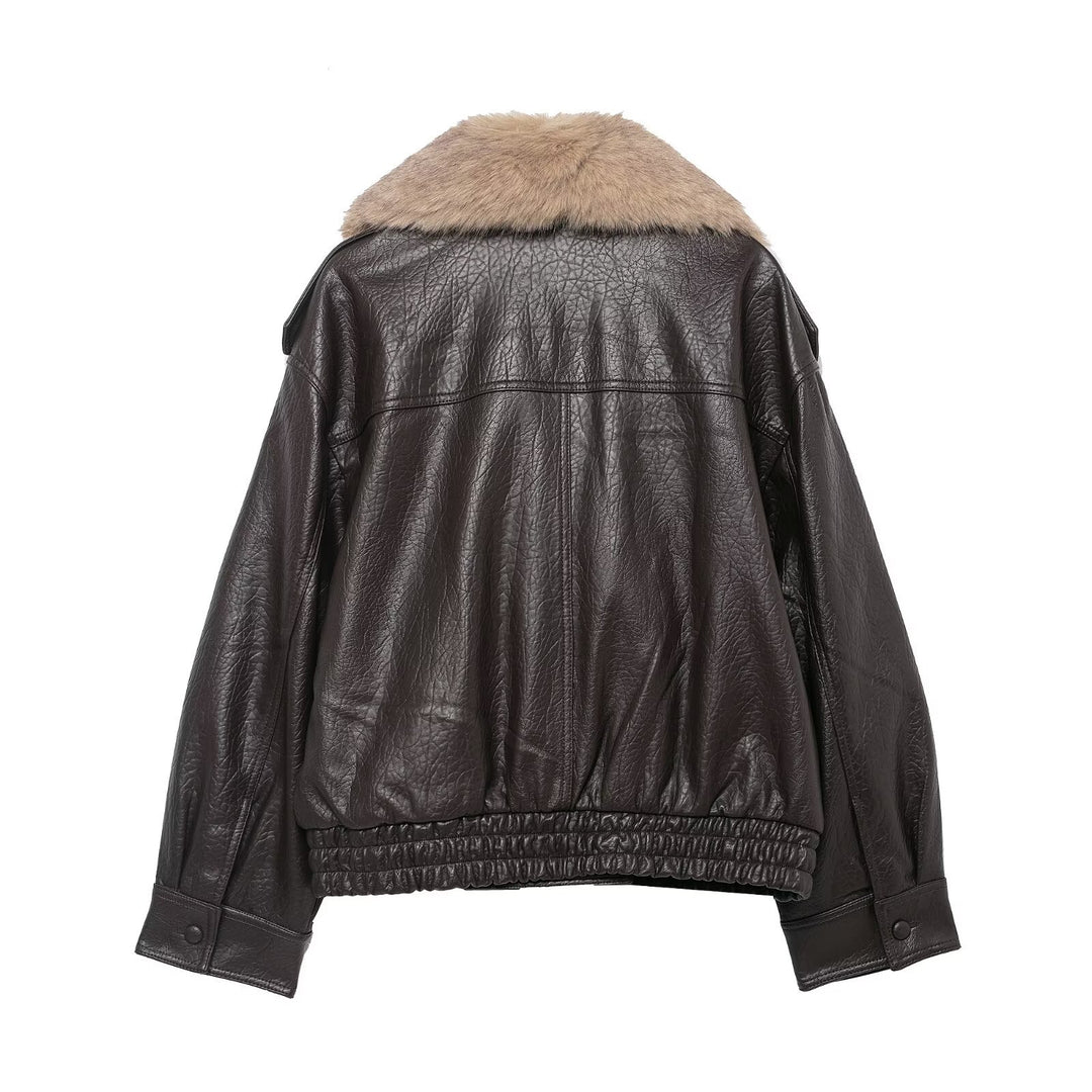 Damen Cropped Lederblouson mit voluminösem Pelzkragen und Taillen-Smock Drune