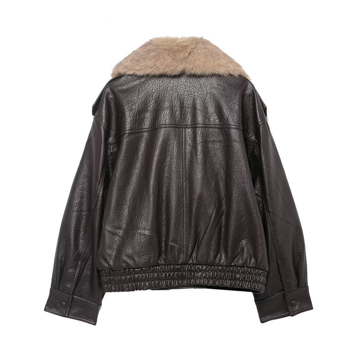 Damen Cropped Lederblouson mit voluminösem Pelzkragen und Taillen-Smock Drune