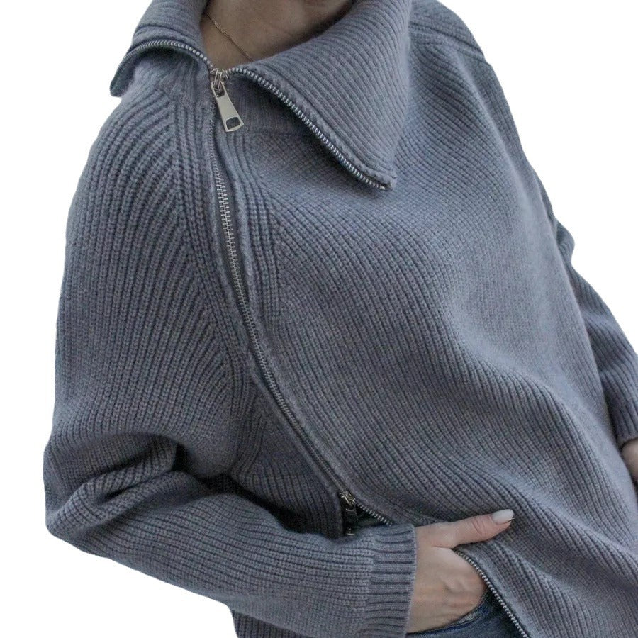 Damen Oversized Pullover mit asymmetrischem Reißverschluss und hochgeschlossenem Kragen Drune