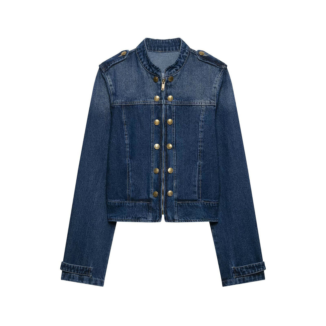 Damen Kurz geschnittene Jeansjacke im Military‑Stil mit Stehkragen Drune