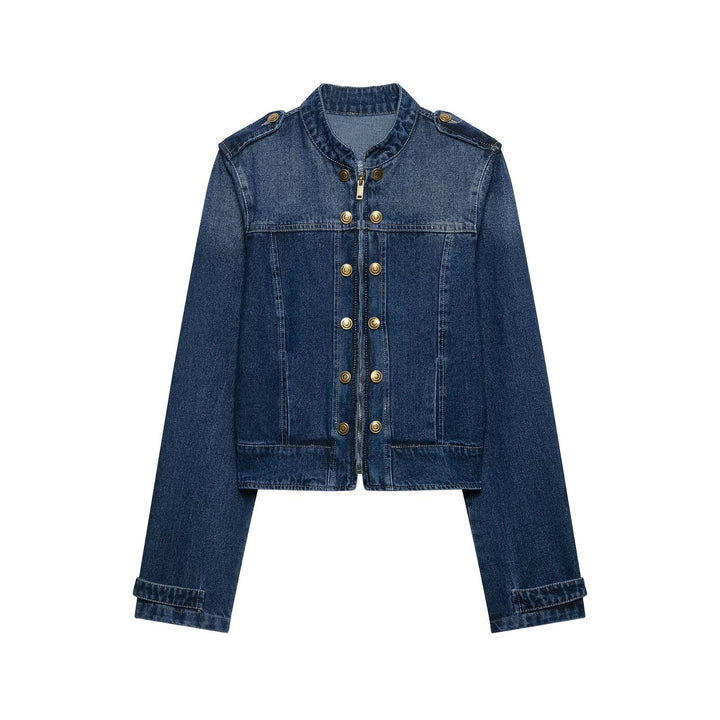 Damen Kurz geschnittene Jeansjacke im Military‑Stil mit Stehkragen Drune
