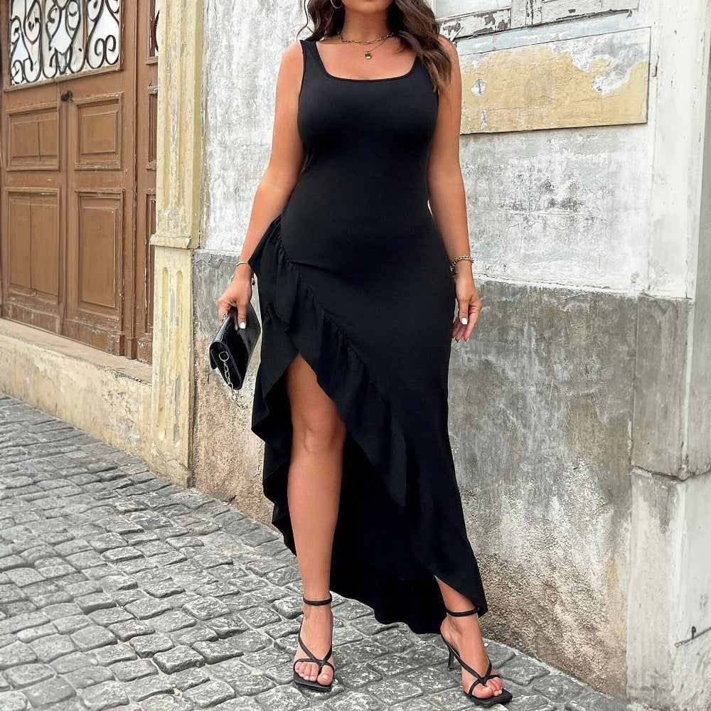 Damen elegantes Maxikleid mit asymmetrischem Saum und Rüschendetails Drune