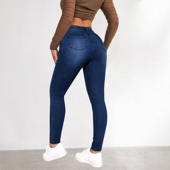 Damen High-Waist Skinny Jeans mit angedeuteten Taschen und elastischem Bund Drune