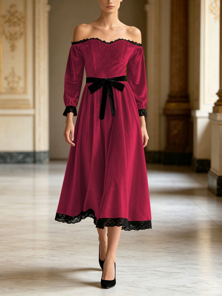 Damen Schulterfreies Samtkleid mit Spitzenbesatz, Samt-Taillengürtel und ausgestelltem Midirock Drune