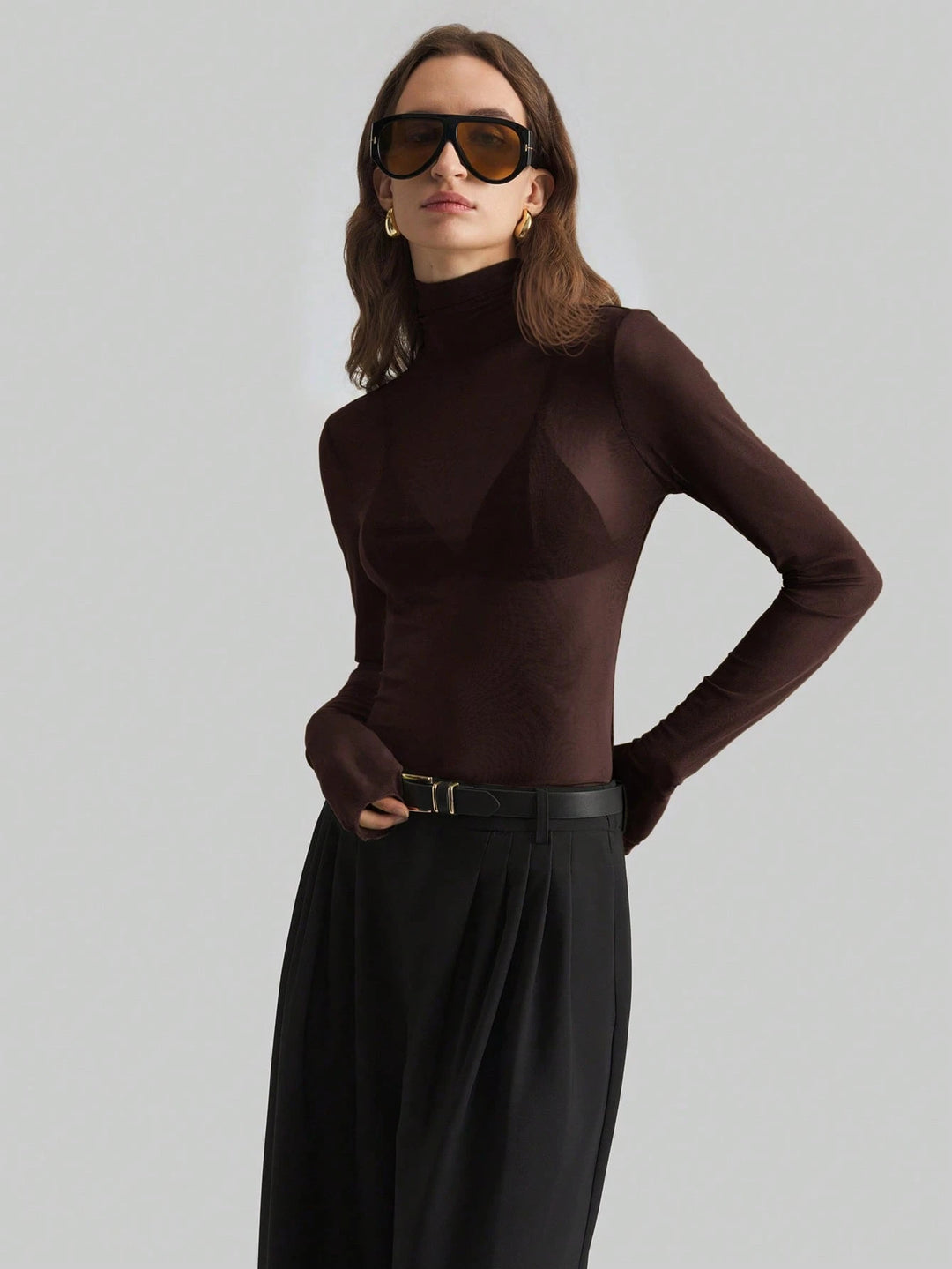 Damen nan feines transparentes Mesh-Langarmtop mit Rollkragen und figurbetonter Passform Drune