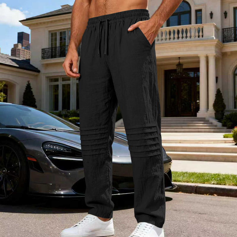 Herren Leinenoptik-Loungehose mit Tunnelzug elastischem Bund und abgesteppten Kniepanelen Drune