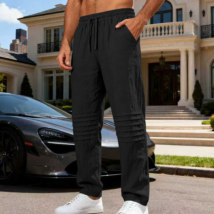 Herren Leinenoptik-Loungehose mit Tunnelzug elastischem Bund und abgesteppten Kniepanelen Drune