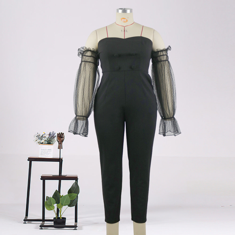Damen eleganter Jumpsuit mit transparenten Puffärmeln Drune