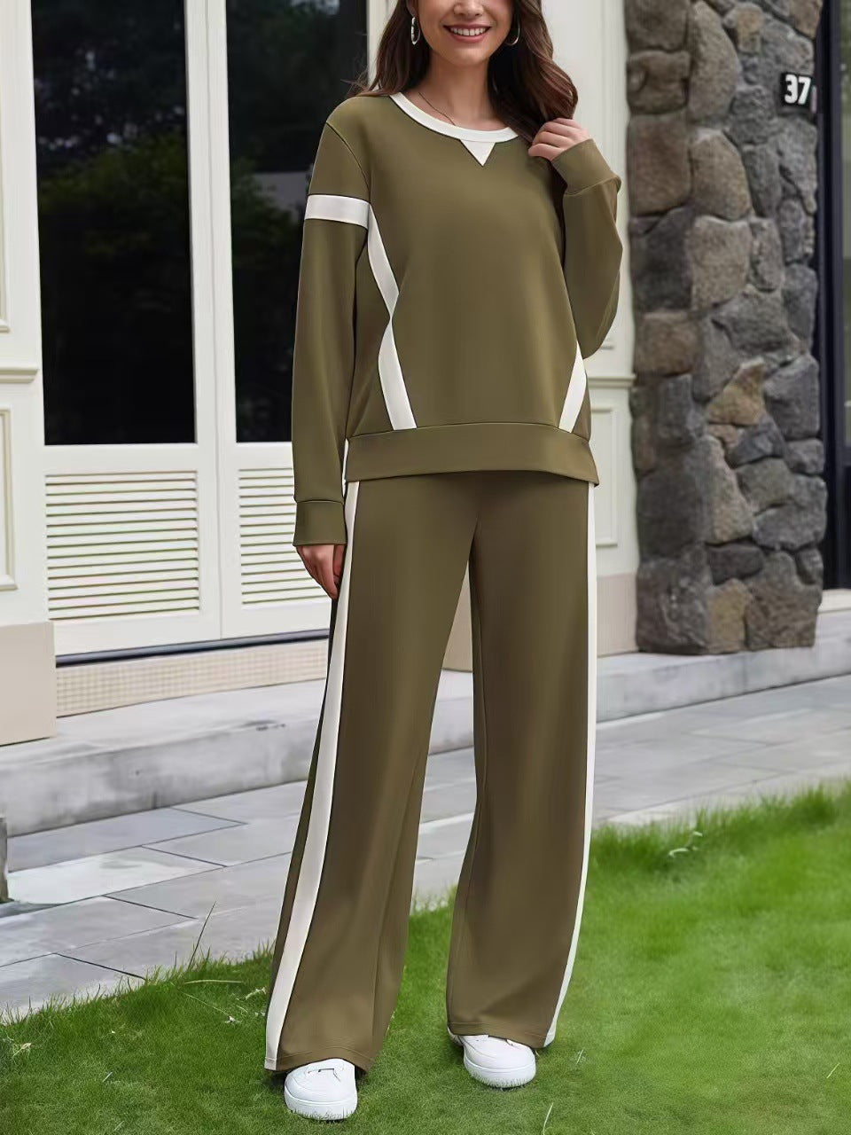 Damen Lounge-Set aus weichem Jersey mit weitem Bein und Kontraststreifen Drune