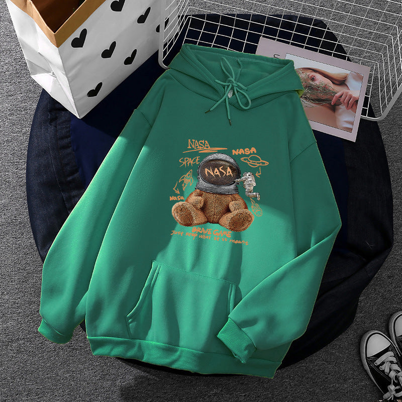 Damen nan lässiger Hoodie mit Astronauten‑Teddy‑Print, Kängurutasche und weichem Fleece-Innenfutter Drune
