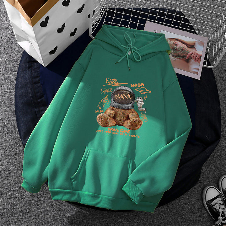 Damen nan lässiger Hoodie mit Astronauten‑Teddy‑Print, Kängurutasche und weichem Fleece-Innenfutter Drune