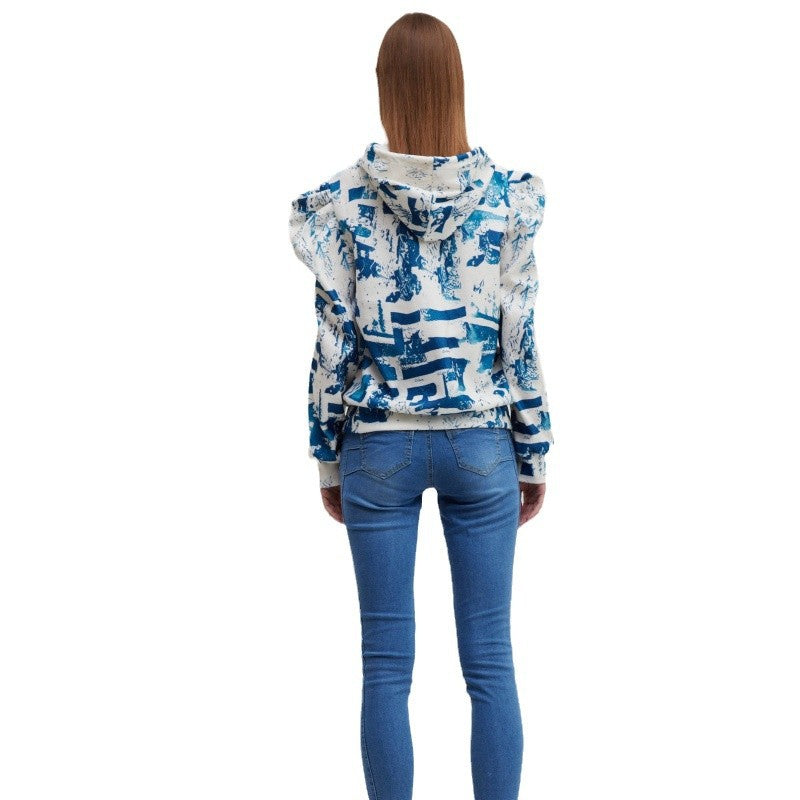 Damen Kapuzenpullover mit modischem Rüschendesign und kreativem Druck Drune
