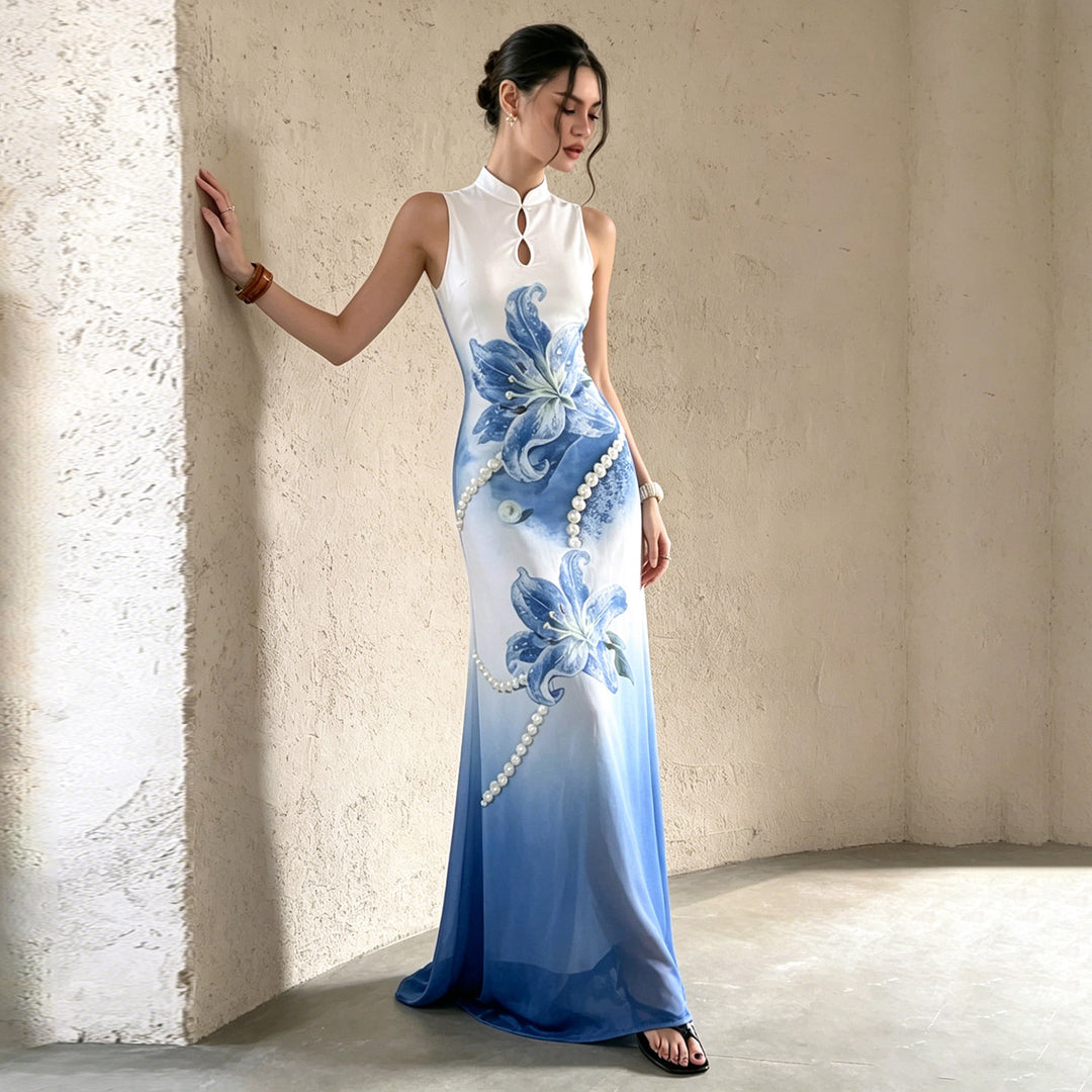 Damen Maxi-Kleid mit floralen Akzenten und elegantem Rundhalsausschnitt Drune