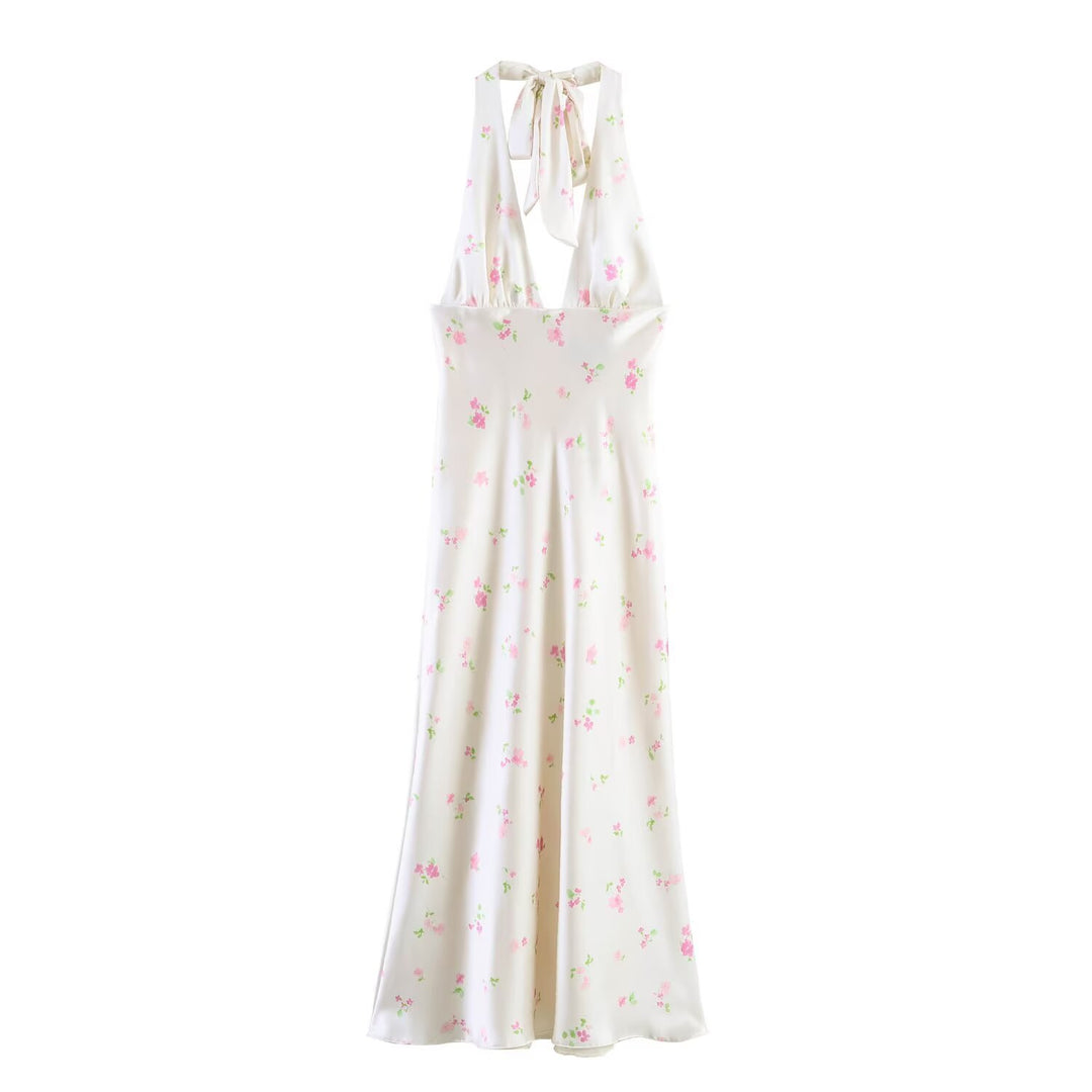 Damen Maxikleid mit offenem Rücken und zarten Blumenmustern Drune