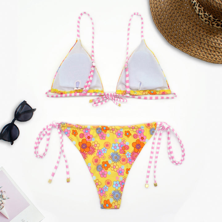 Damen Blumenmuster Triangel-Bikini mit verstellbaren Bindebändern Drune