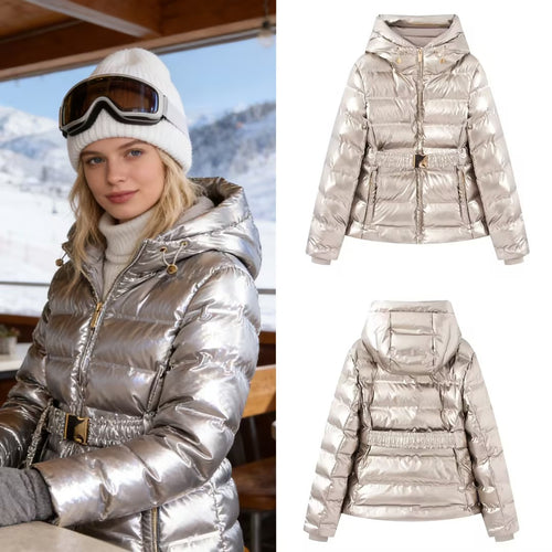 Damen Kurz geschnittene Steppjacke mit Kapuze, tailliertem Gummizug und Ziergürtel Drune