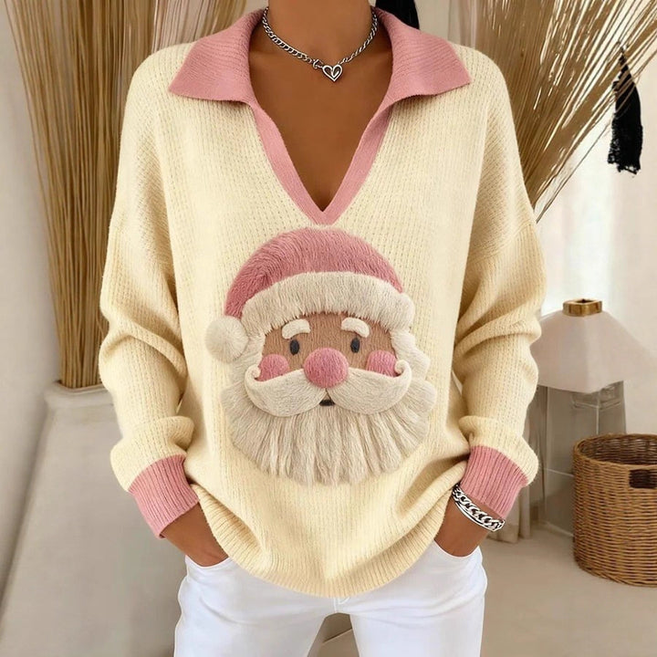 Damen Weicher Strickpullover mit V-Kragen, Polokragen und 3D-Weihnachtsmotiv Drune
