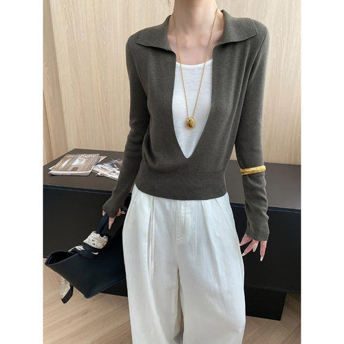 Damen eleganter Pullover mit tiefem Ausschnitt und feinen Details Drune