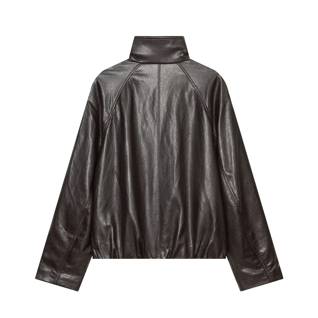 Damen Oversized Cropped Lederoptik‑Jacke mit hohem Stehkragen und Epauletten Drune