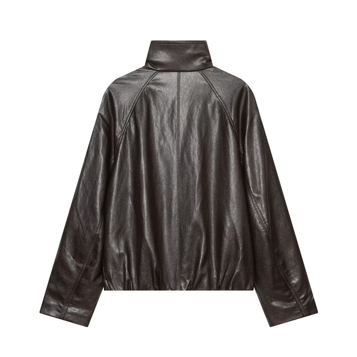 Damen Oversized Cropped Lederoptik‑Jacke mit hohem Stehkragen und Epauletten Drune