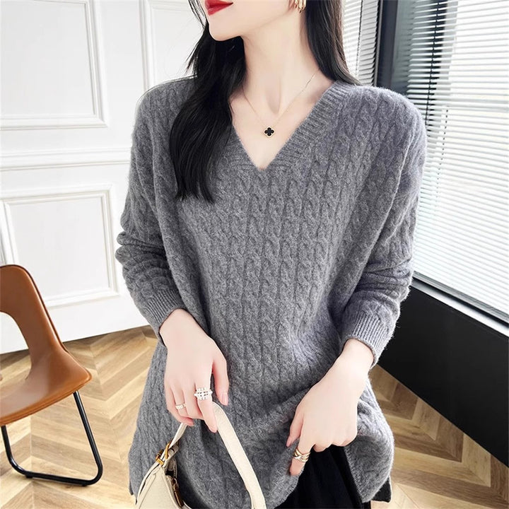 Damen Grobstrickpullover mit tiefem V-Ausschnitt und strukturierter Textur Drune