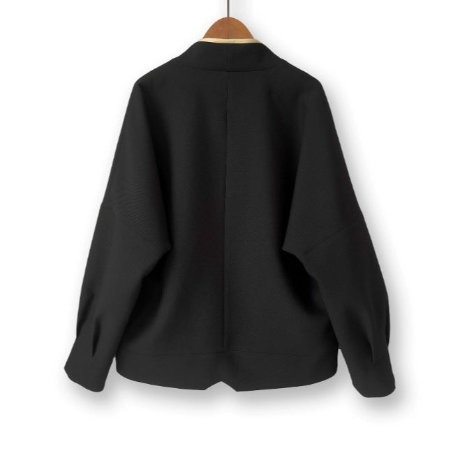 Damen Oversize kragenlose Blazerjacke mit kontrastpaspel & Pattentaschen Drune