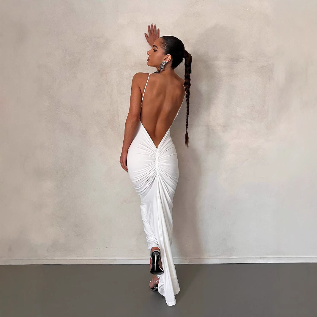 Damen elegantes Maxikleid mit tiefem V-Ausschnitt und zarten Spaghetti-Trägern Drune