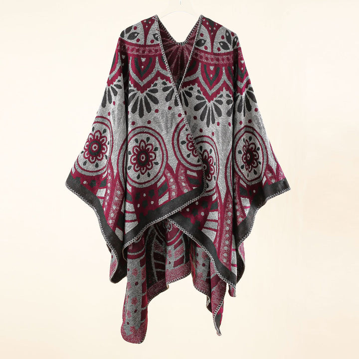 Damen Wollmix-Umhangponcho mit ornamentaler Jacquardstruktur und offenem Fall Drune