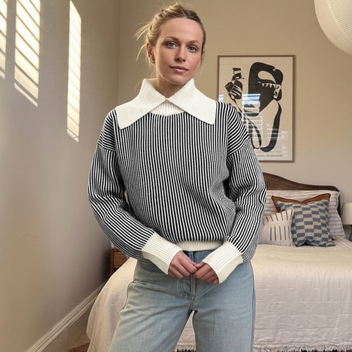 Damen Pullover mit modischem Streifenmuster und elegantem Kragen Drune